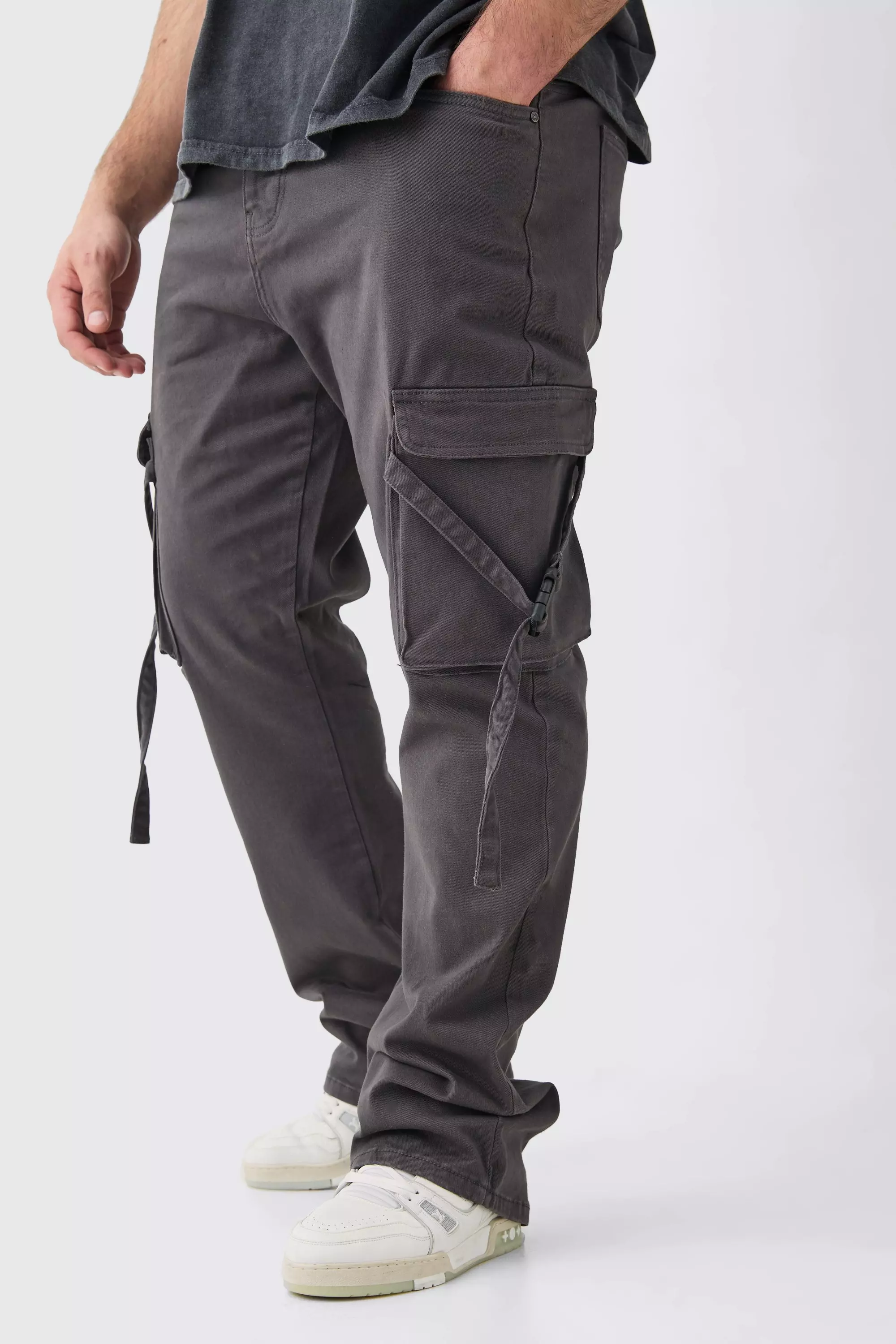 Charcoal Grey Plus Fixed Waist Slim Stacked Flare Strap Cargo Trouser