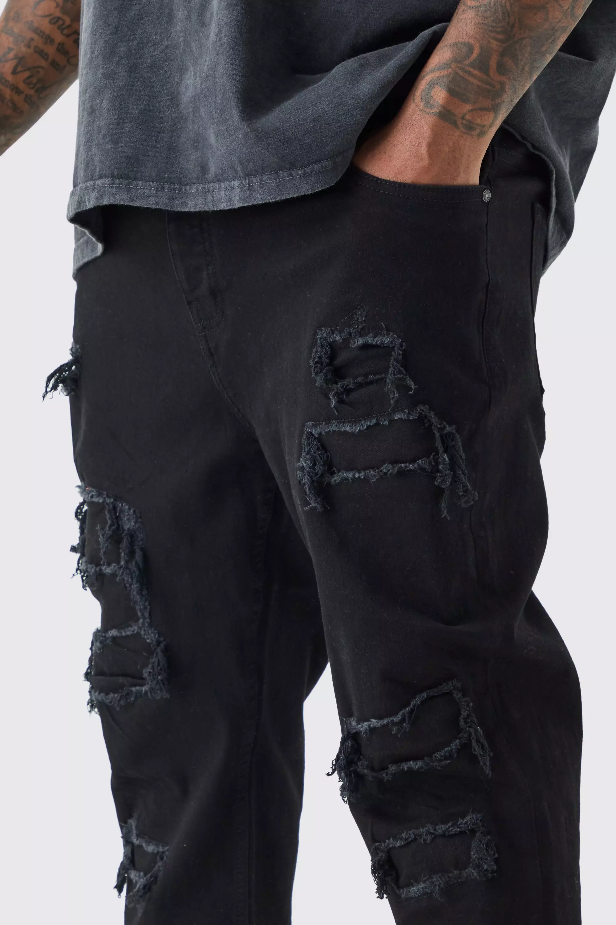 Plus Skinny Stacked Distressed Ripped Jeans | boohooMAN USA