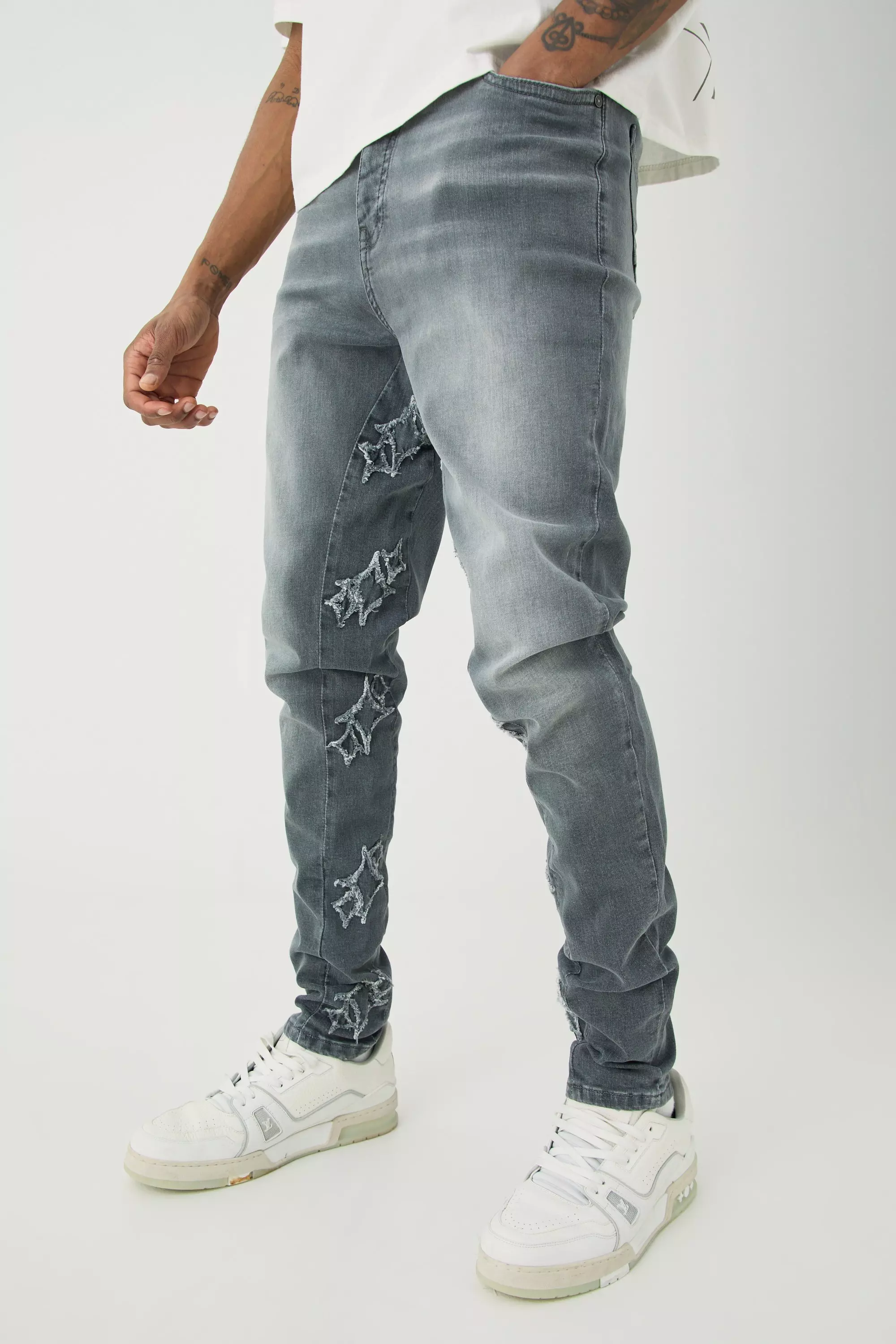 Tall Skinny Stretch Overdyed Applique Gusset Jeans Grey