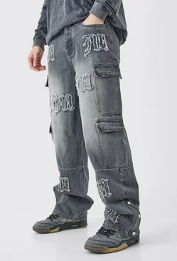 Tall Baggy Rigid Bm Applique Multi Pocket Cargo Jeans Grey