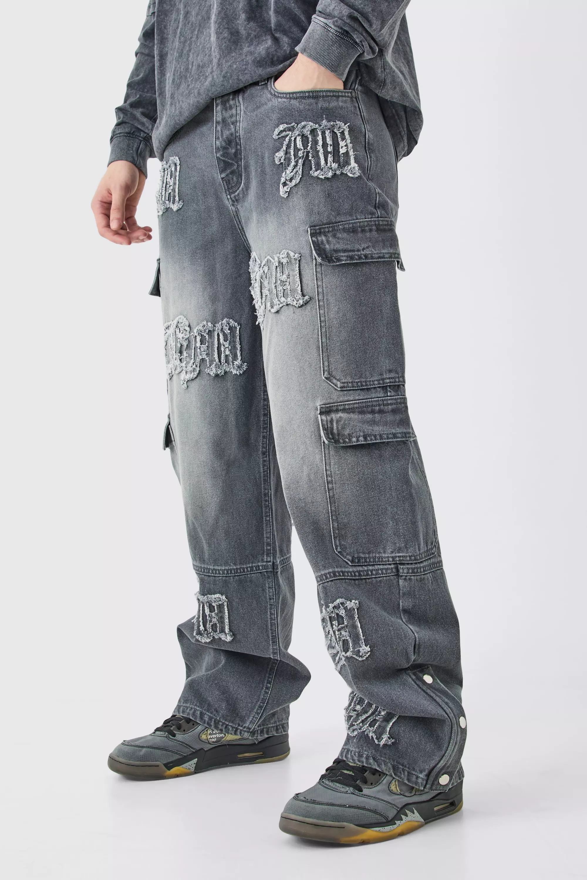 Tall Baggy Rigid Bm Applique Multi Pocket Cargo Jeans Grey