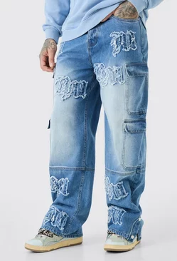 Blue Tall Baggy Rigid Bm Applique Multi Pocket Cargo Jeans