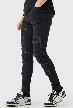 Black Tall Super Skinny Pu Biker Rip & Repair Paint Splatter Jeans