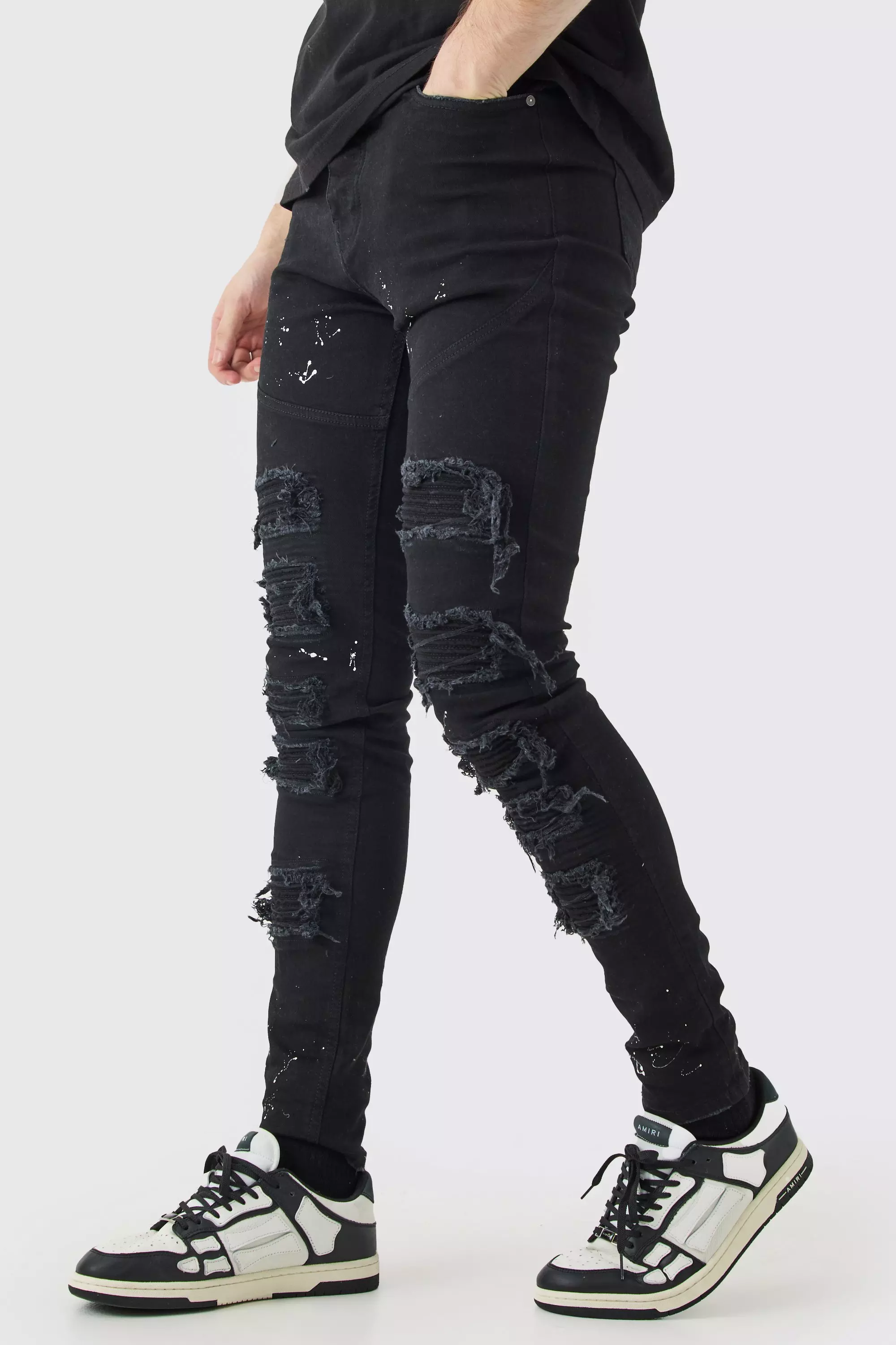 Tall Super Skinny Pu Biker Rip & Repair Paint Splatter Jeans True black