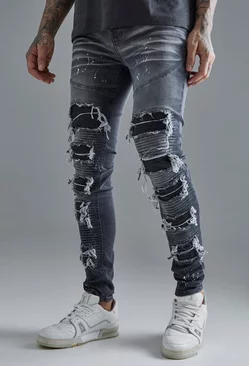 Tall Super Skinny Pu Biker Rip & Repair Paint Splatter Jeans Grey