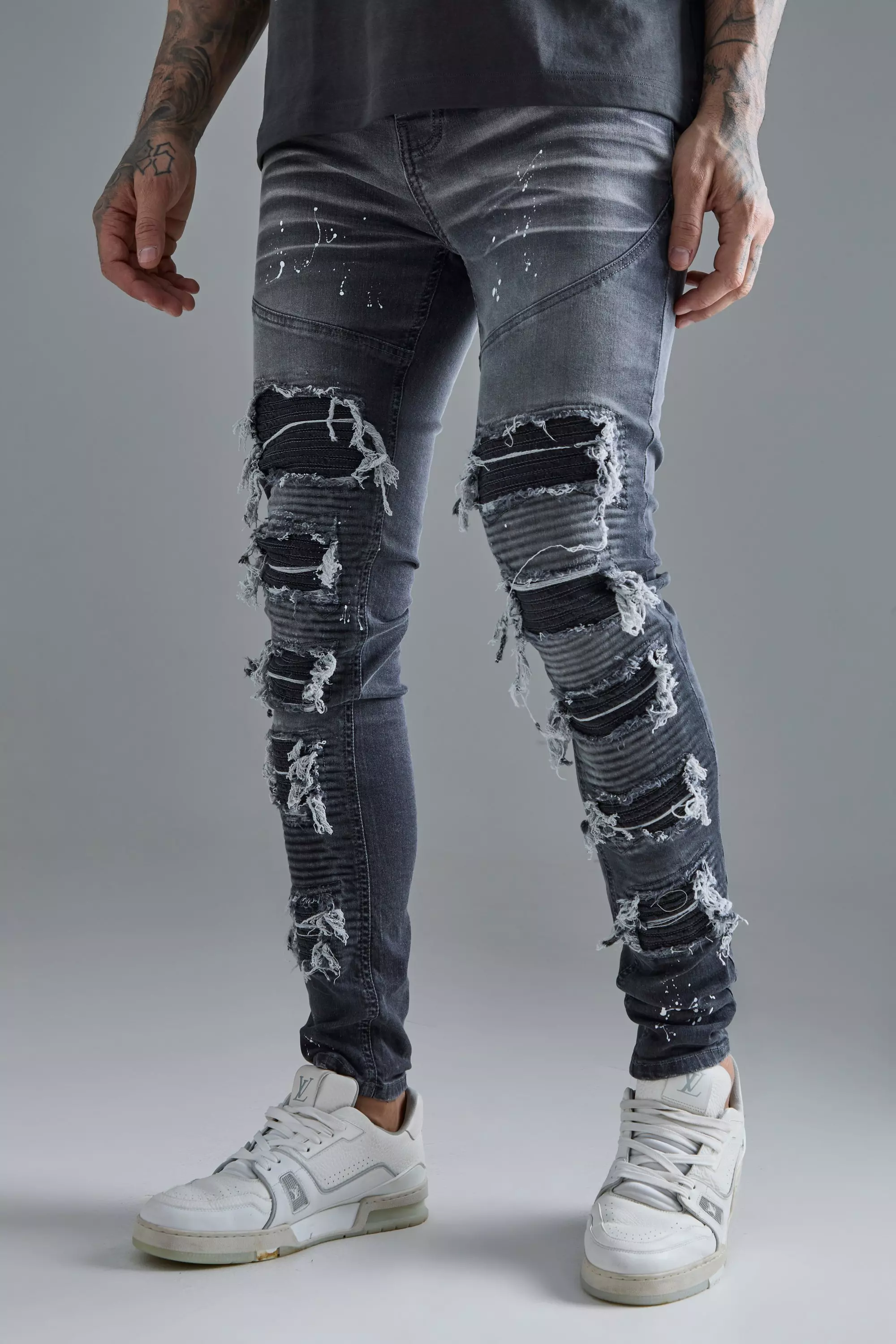 Tall Super Skinny Pu Biker Rip & Repair Paint Splatter Jeans Grey