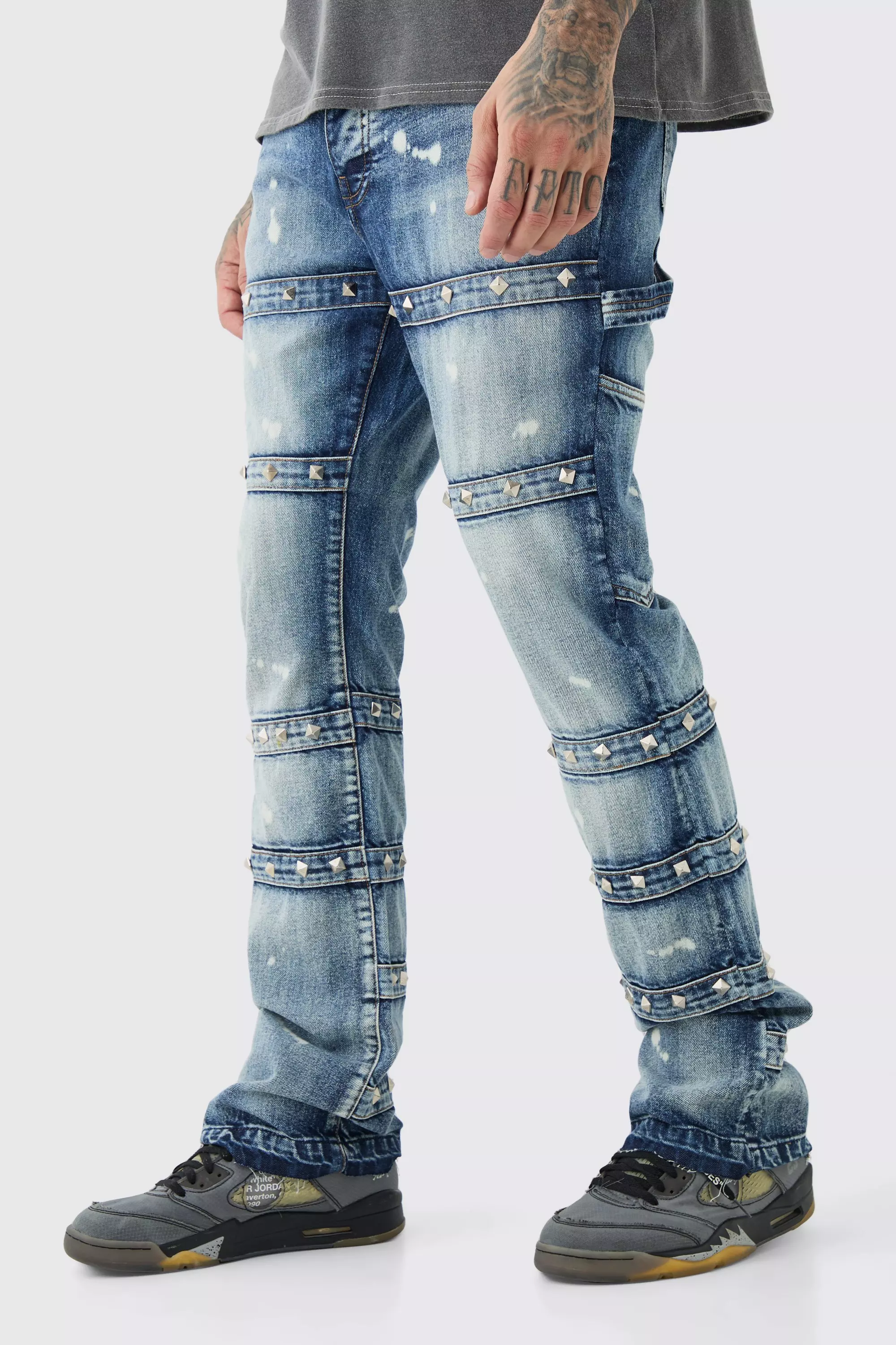 Blue Tall Slim Rigid Flare Embellished Strap Detail Jeans