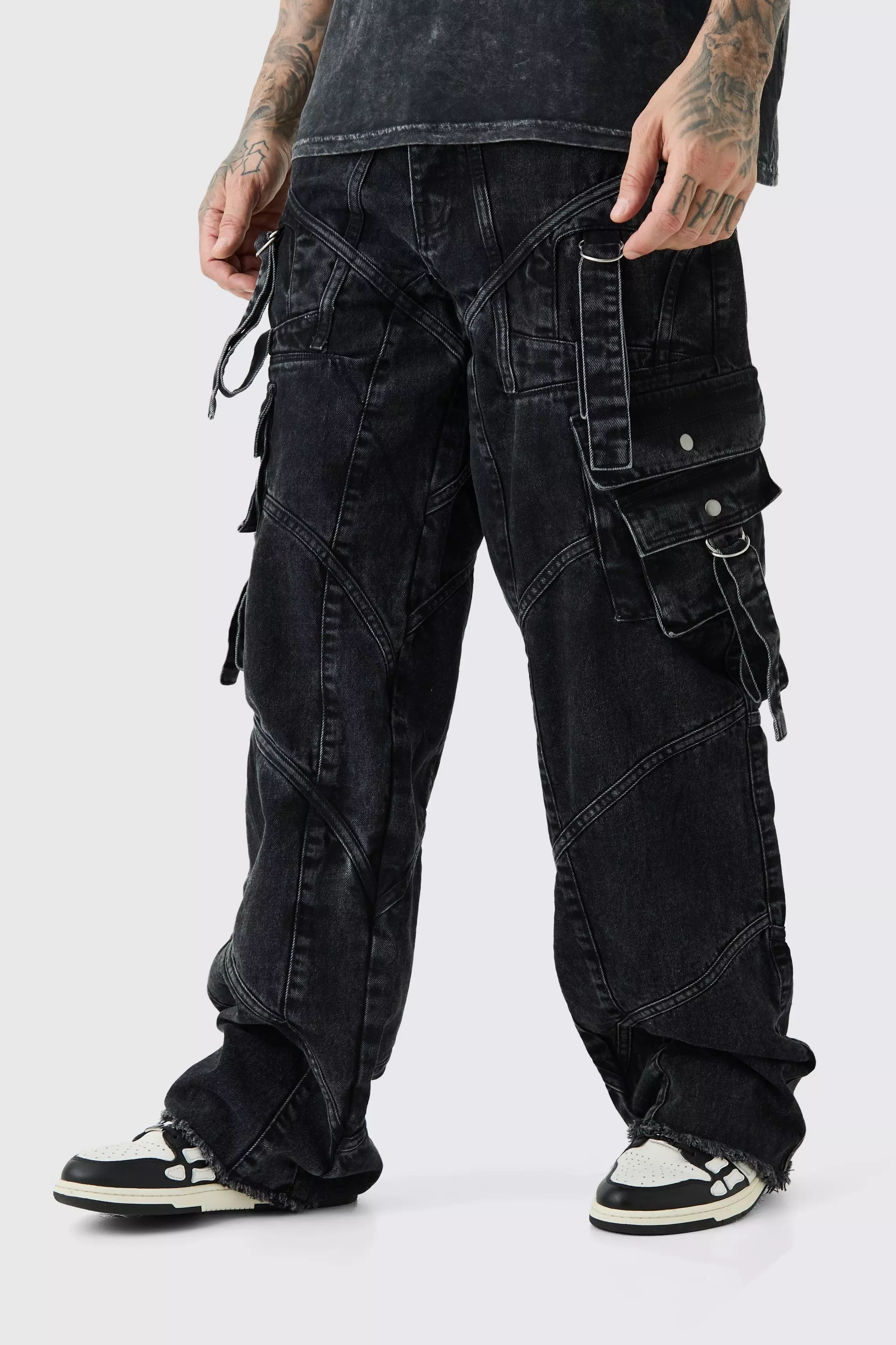 Tall Baggy Rigid Strap And Buckle Detail Jeans Washed black