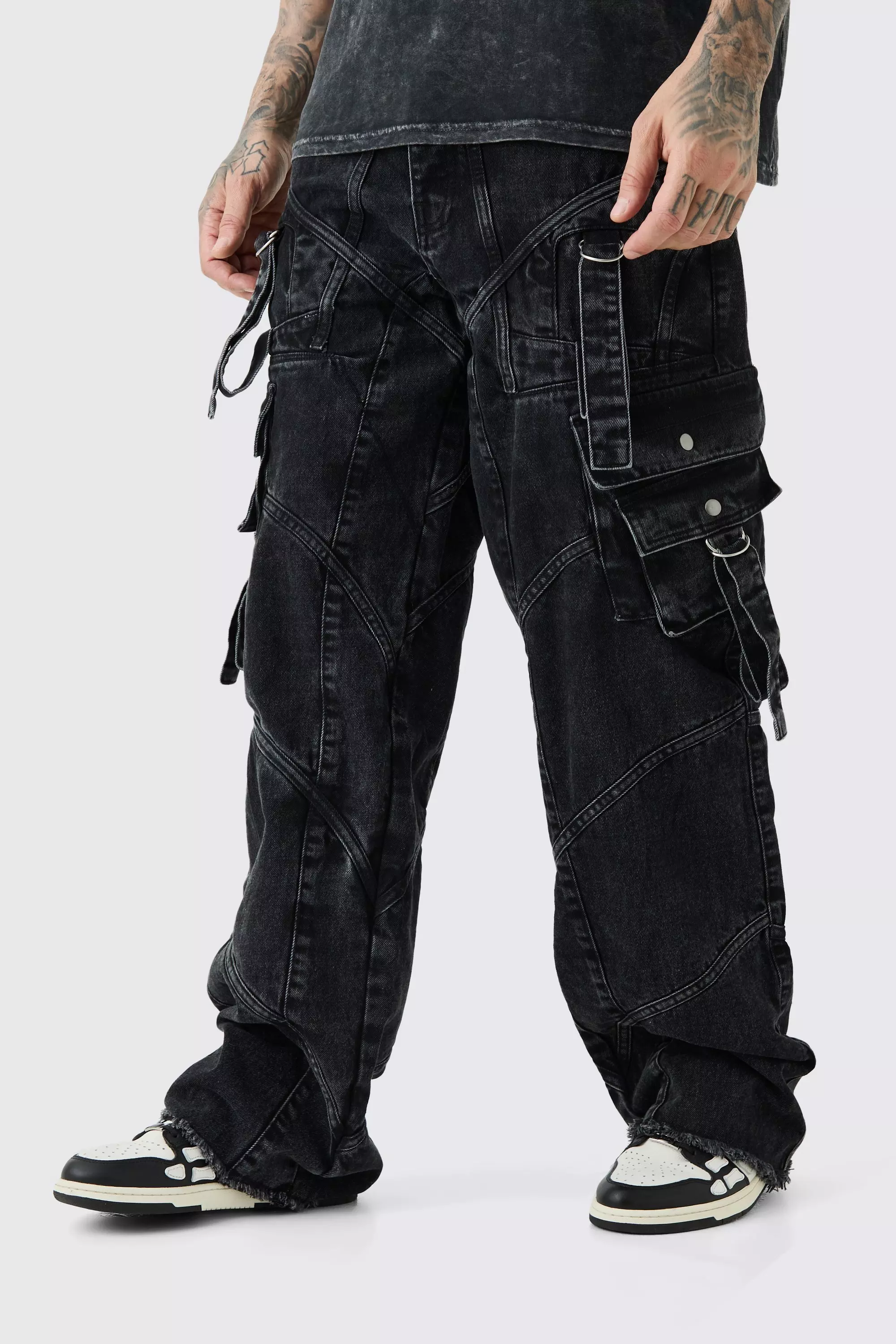 Ash Grey Tall Baggy Rigid Strap And Buckle Detail Jeans