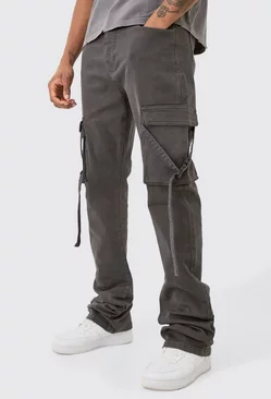 Tall Fixed Waist Slim Stacked Flare Strap Cargo Trouser Charcoal