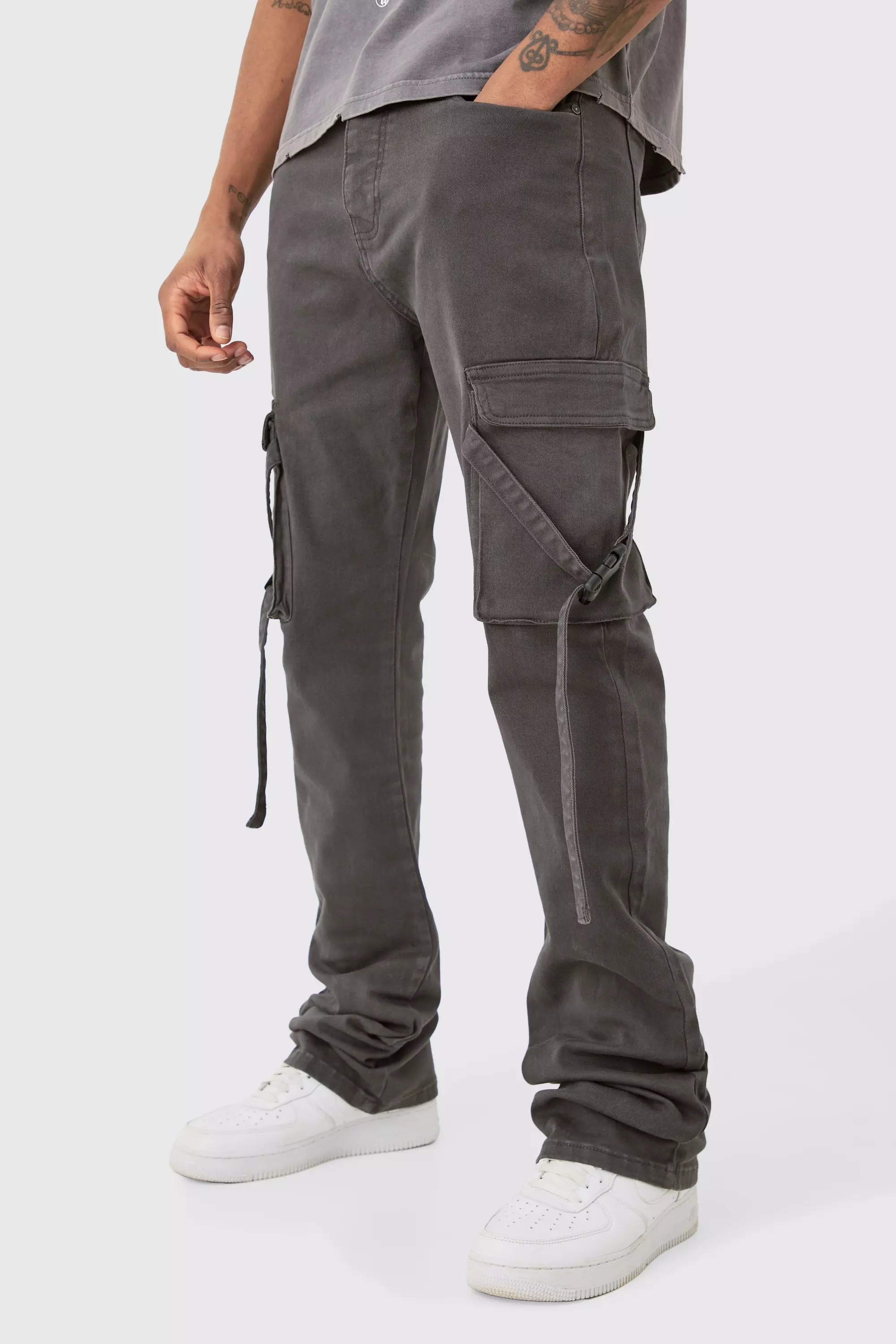 Charcoal Grey Tall Fixed Waist Slim Stacked Flare Strap Cargo Trouser