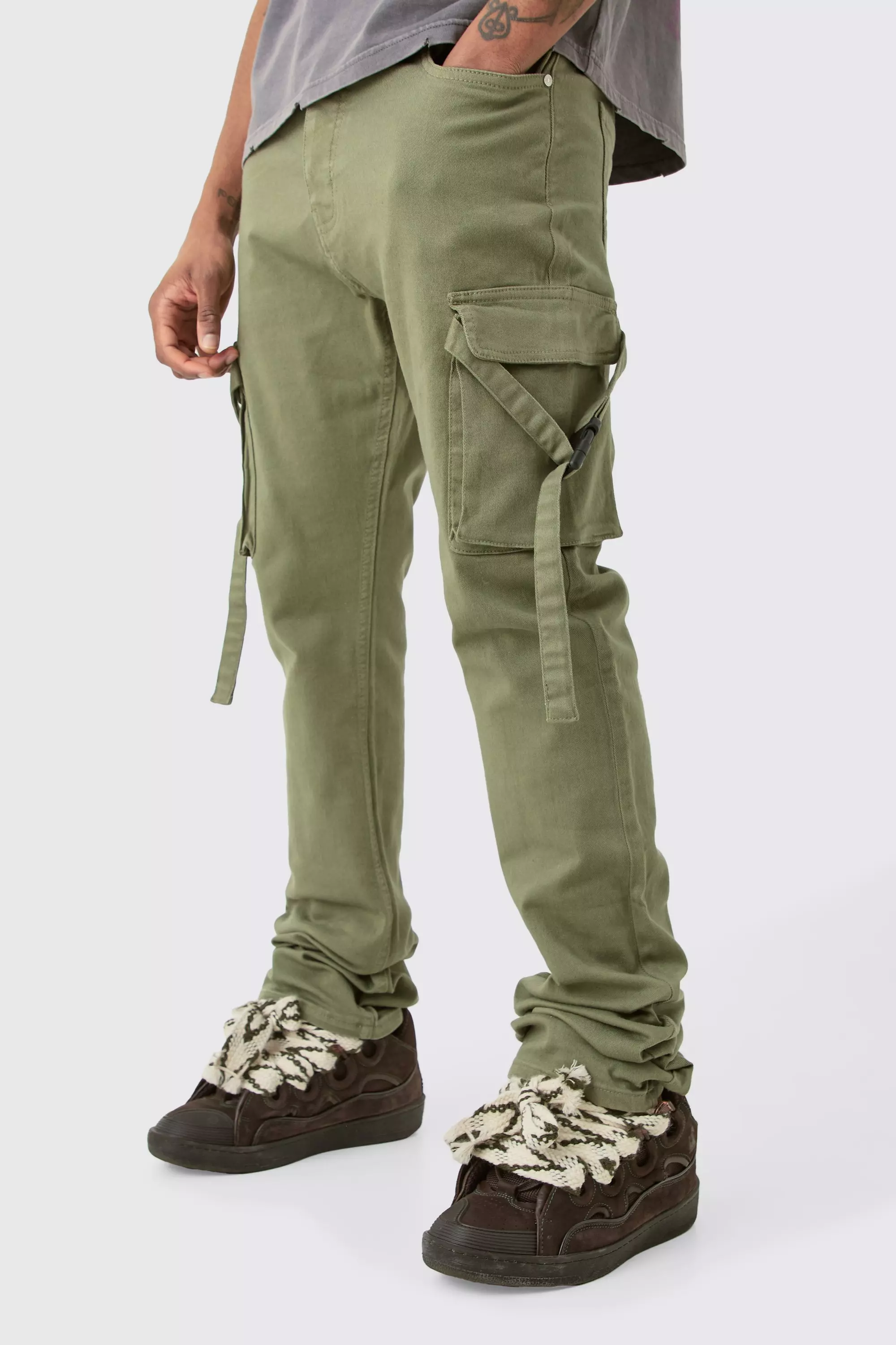 Tall Fixed Waist Slim Stacked Flare Strap Cargo Pants Olive