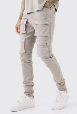 Grey Tall Fixed Waist Skinny Multi Cargo Pocket Trouser