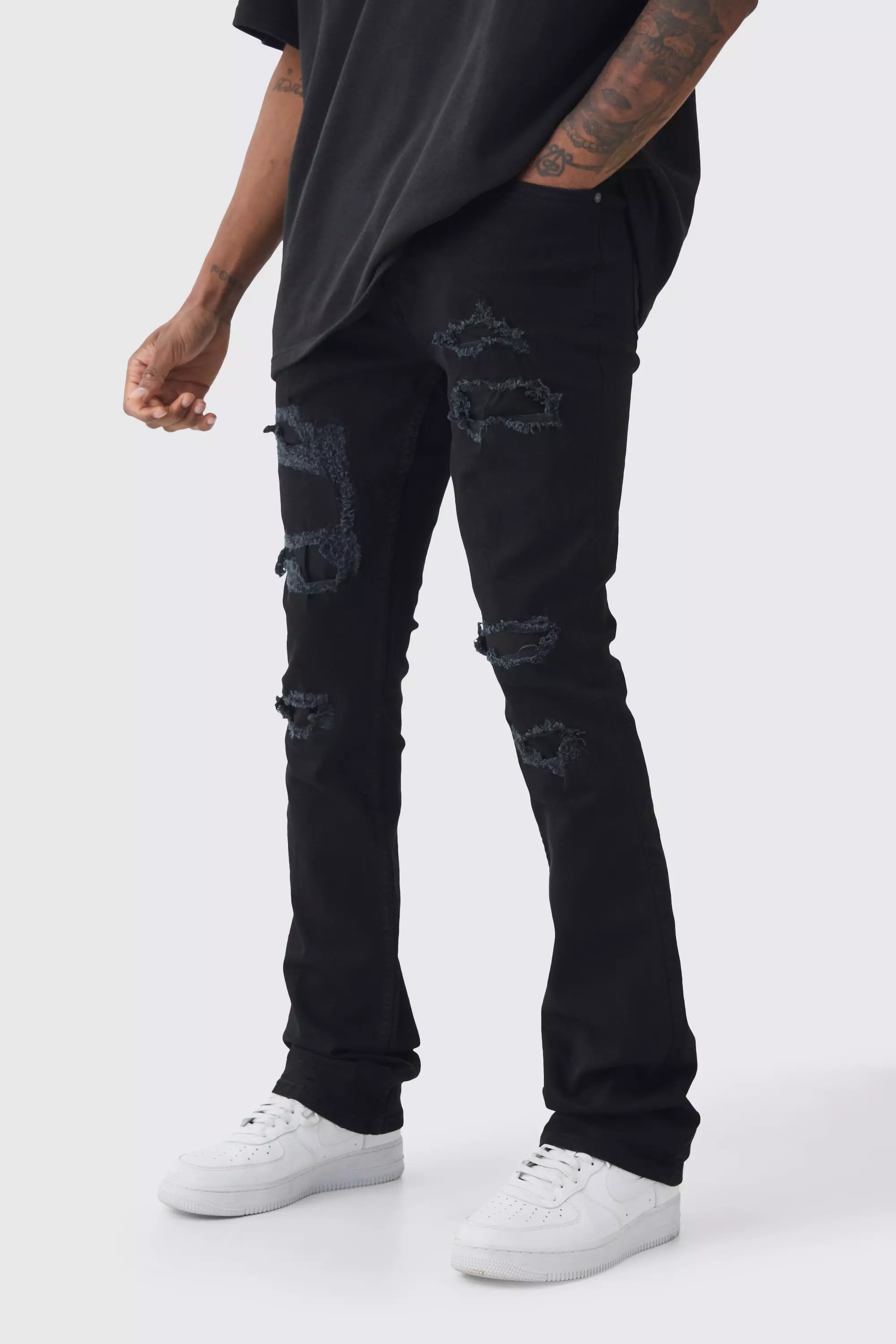 Black Tall Skinny Stacked Distressed Ripped Jeans