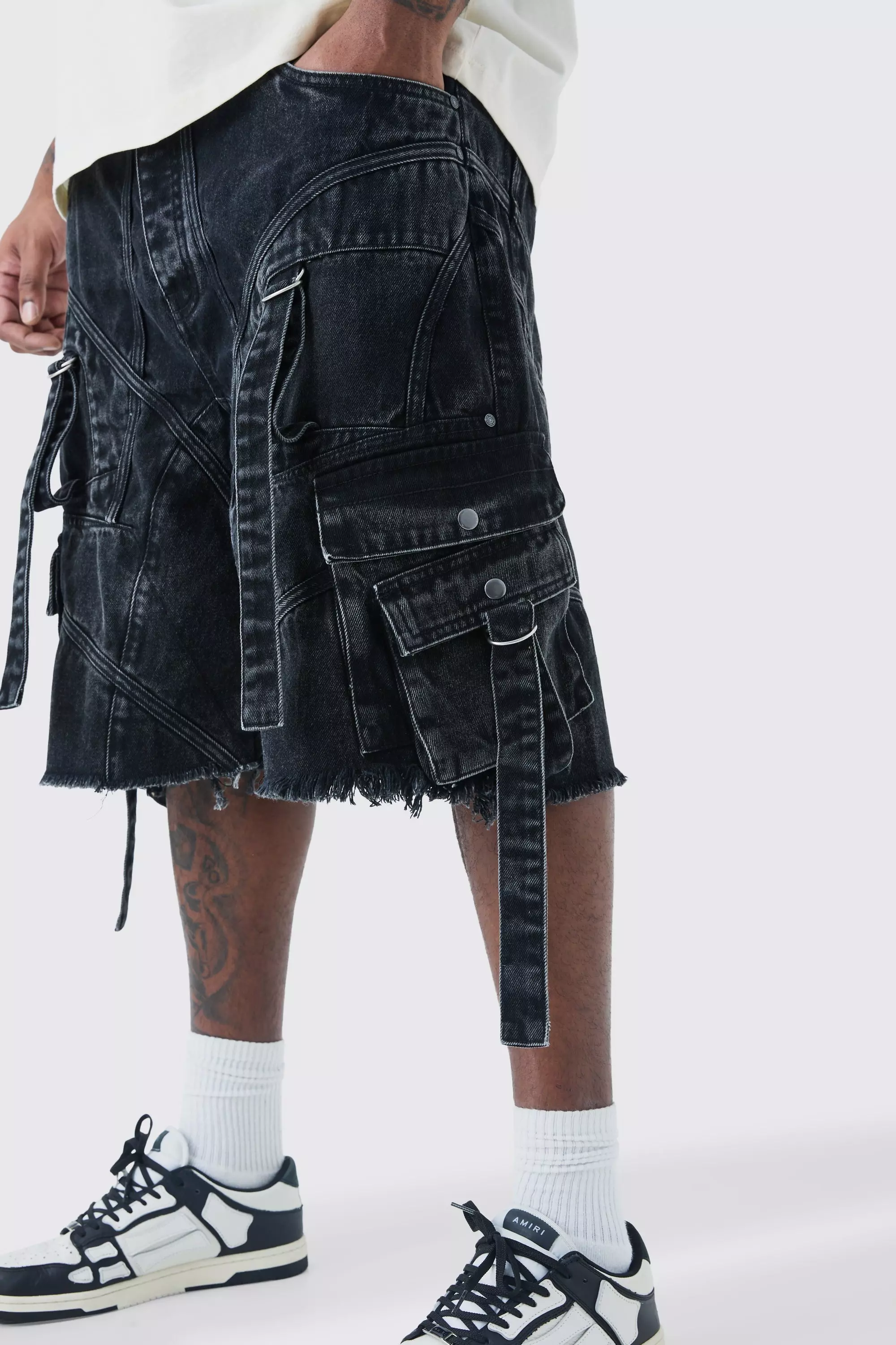Plus Oversized Strap And Buckle Detail Denim Jorts | boohooMAN USA