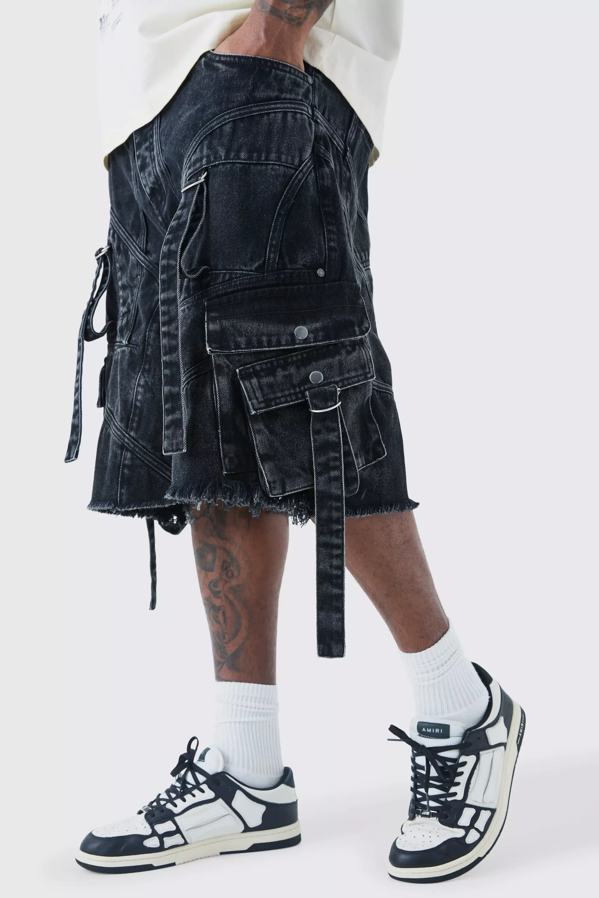 Plus Oversized Strap And Buckle Detail Denim Jorts | boohooMAN USA
