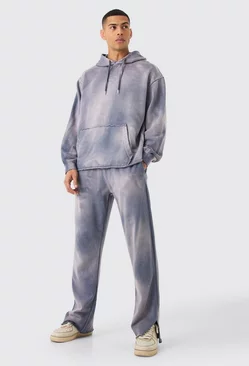 Purple Man Embroidery Oversized Sun Bleached Wash Hooded Tracksuit
