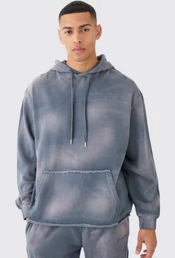 Man Embroidery Oversized Sun Bleached Wash Hoodie Charcoal