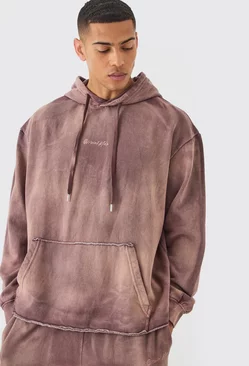 Man Embroidery Oversized Sun Bleached Wash Hoodie Chocolate