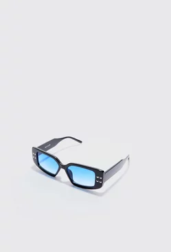Chunky Rectangle Sunglasses With Blue Lens In Black Black