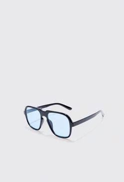 Retro High Brow Sunglasses With Blue Lens Black