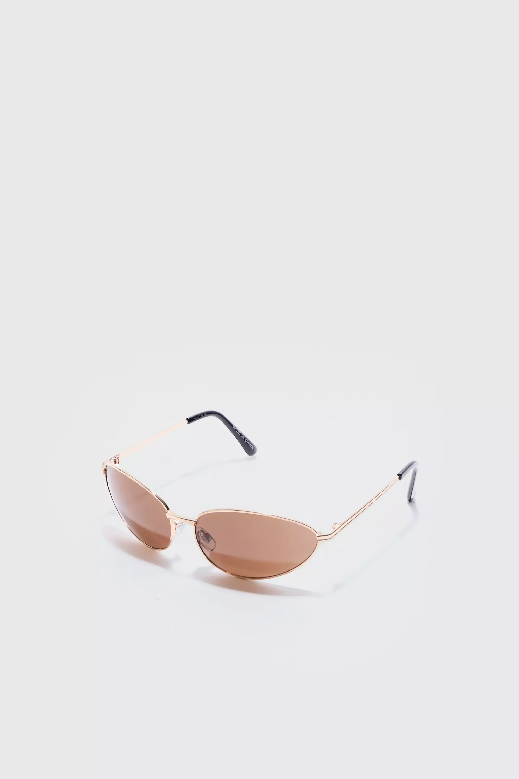 Metallic Angled Metal Sunglasses With Brown Lens In Gold