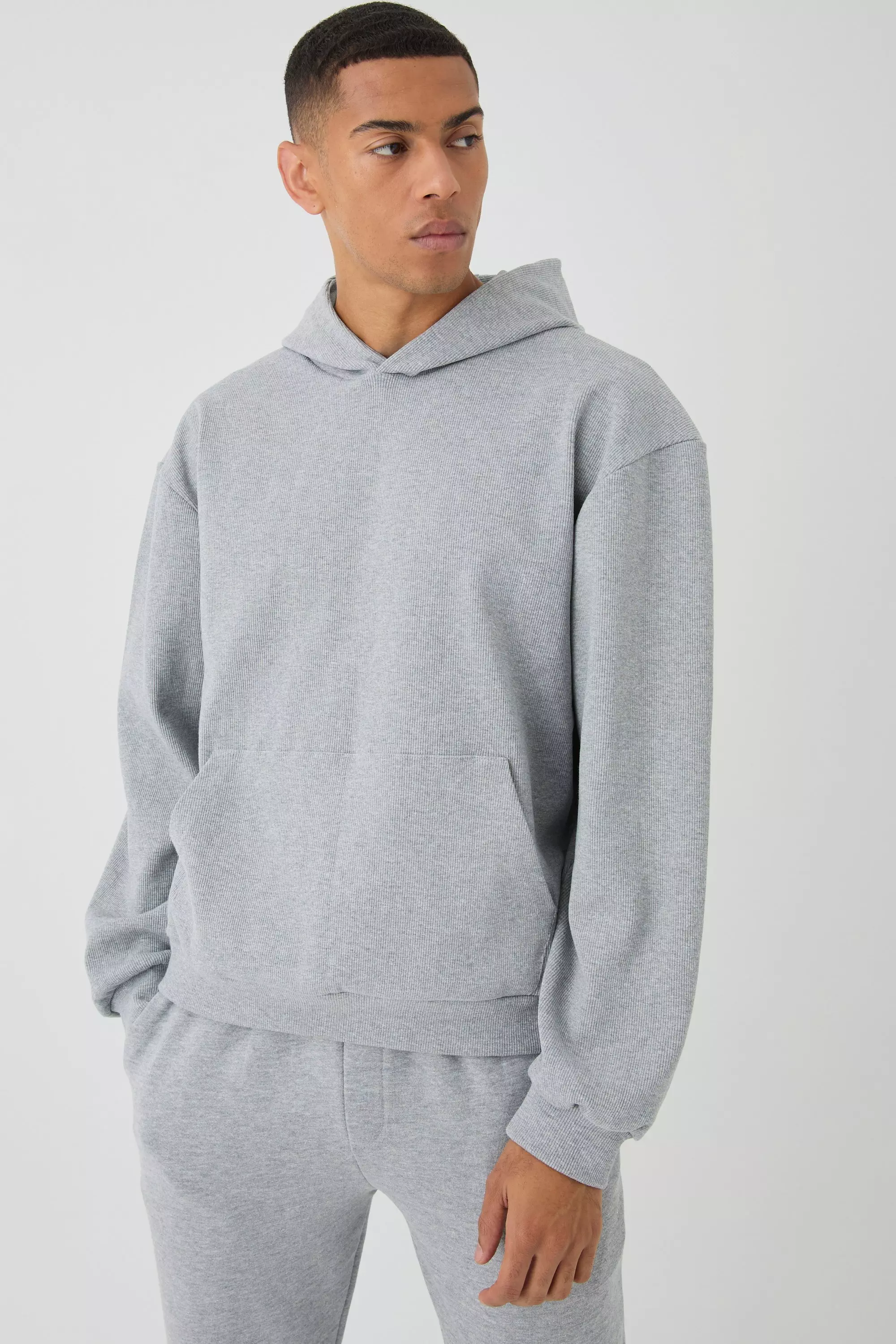 Light-grey Grey Oversized Boxy Heavyweight Ribbed Hoodie