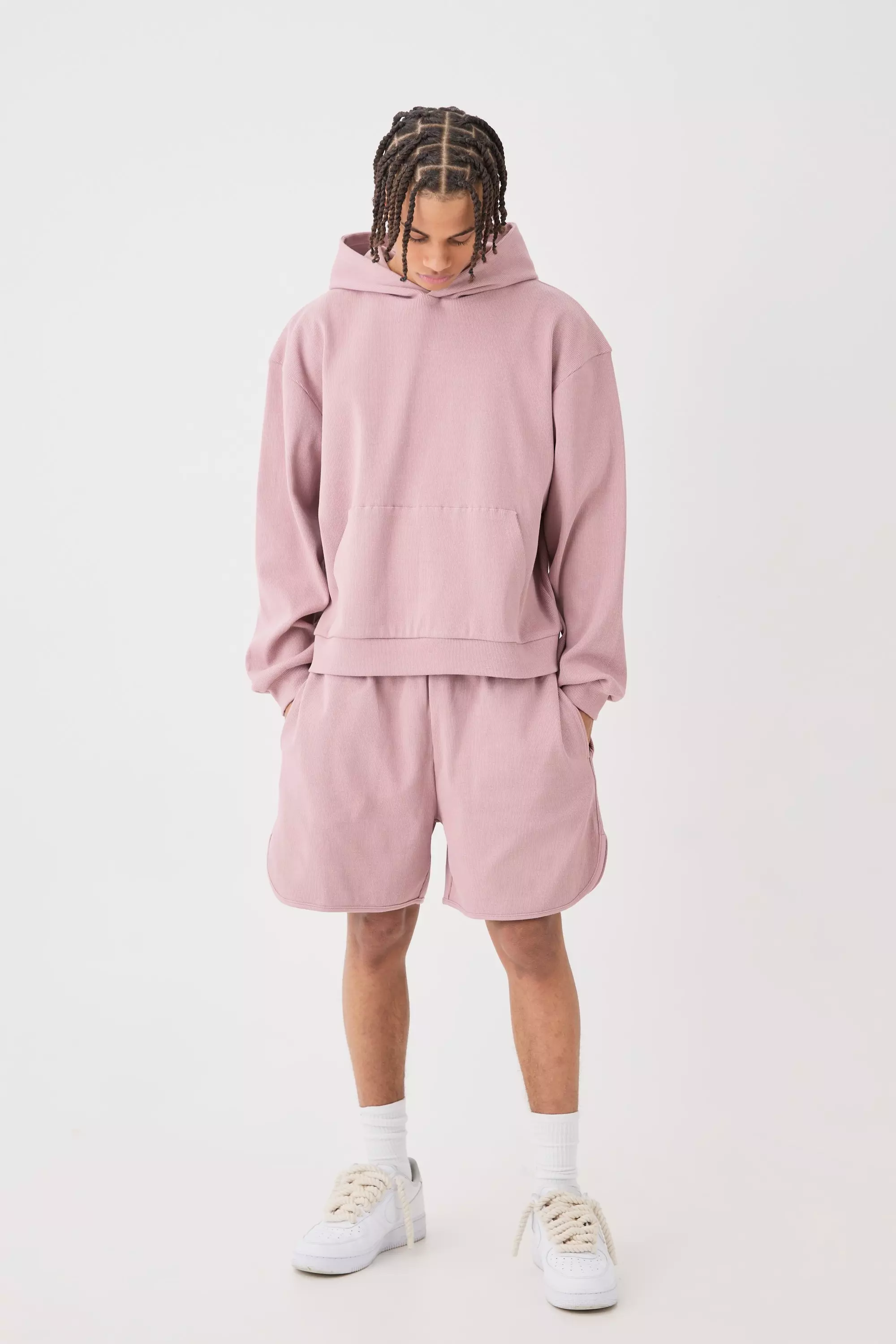 Oversized Boxy Heavyweight Ribbed Short Tracksuit Rose