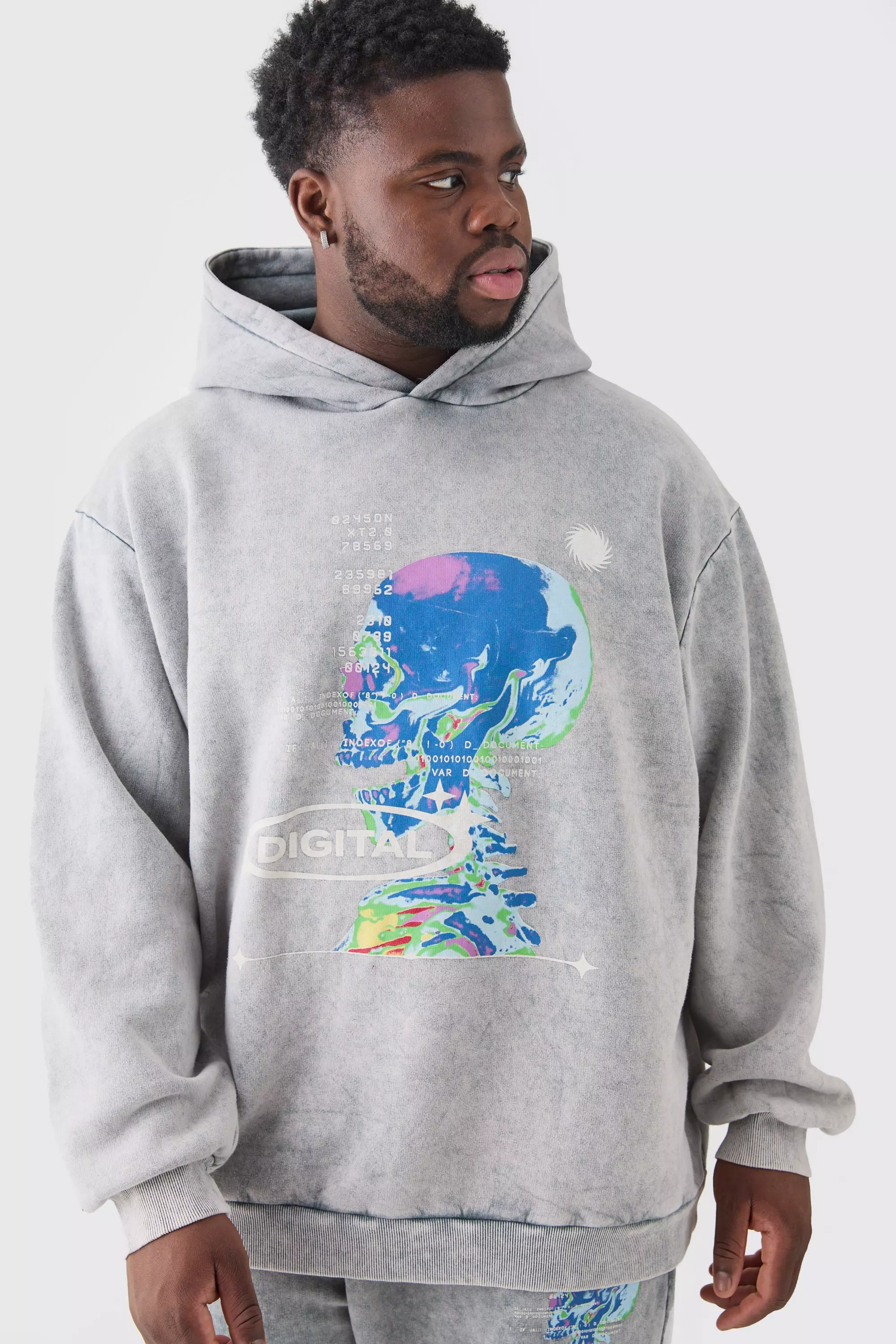 Charcoal Grey Plus Oversized Washed Graphic Hoodie