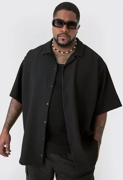 Black Plus Short Sleeve Revere Oversized Pleated Shirt
