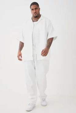 White Plus Oversized Short Sleeve Pleated Shirt & Straight Trouser