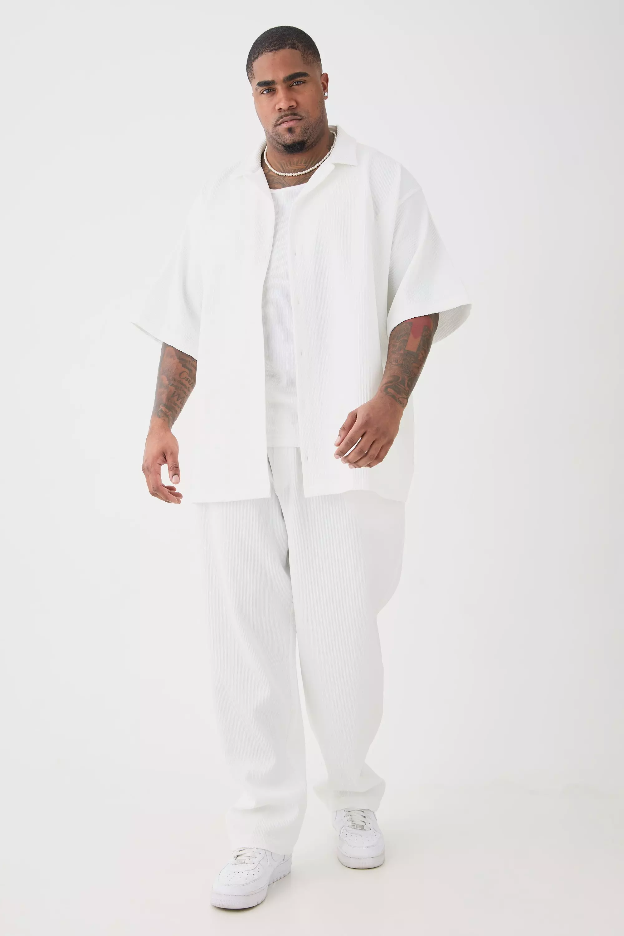 Plus Oversized Short Sleeve Pleated Shirt & Straight Trouser White