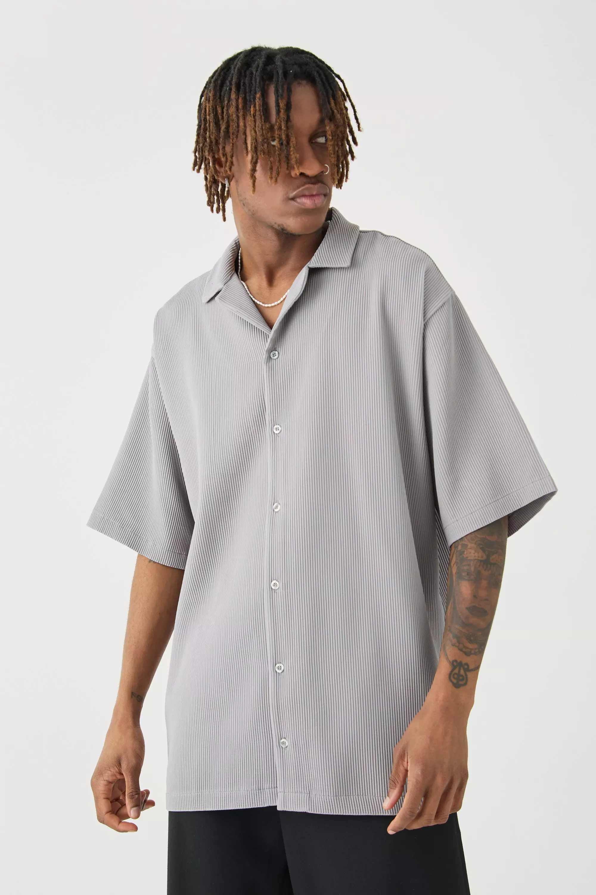 Tall Short Sleeve Pleated Oversized Shirt Grey