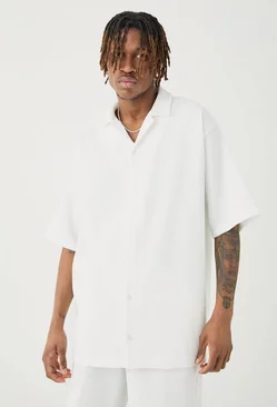 Tall Short Sleeve Revere Oversized Pleated Shirt White