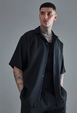 Black Tall Short Sleeve Revere Oversized Pleated Shirt