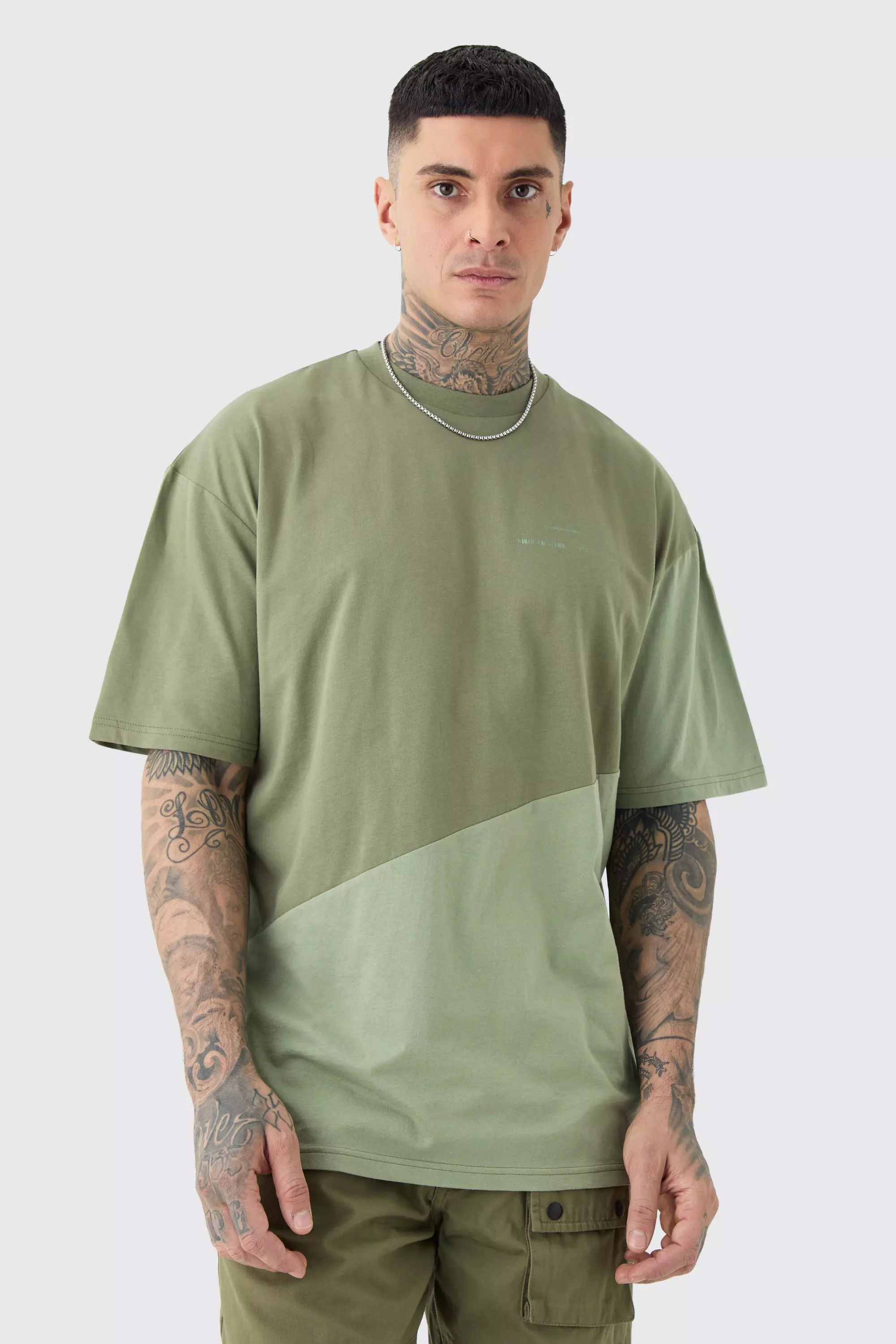 Sage Green Tall Oversized Diagonal Colour Block T-shirt