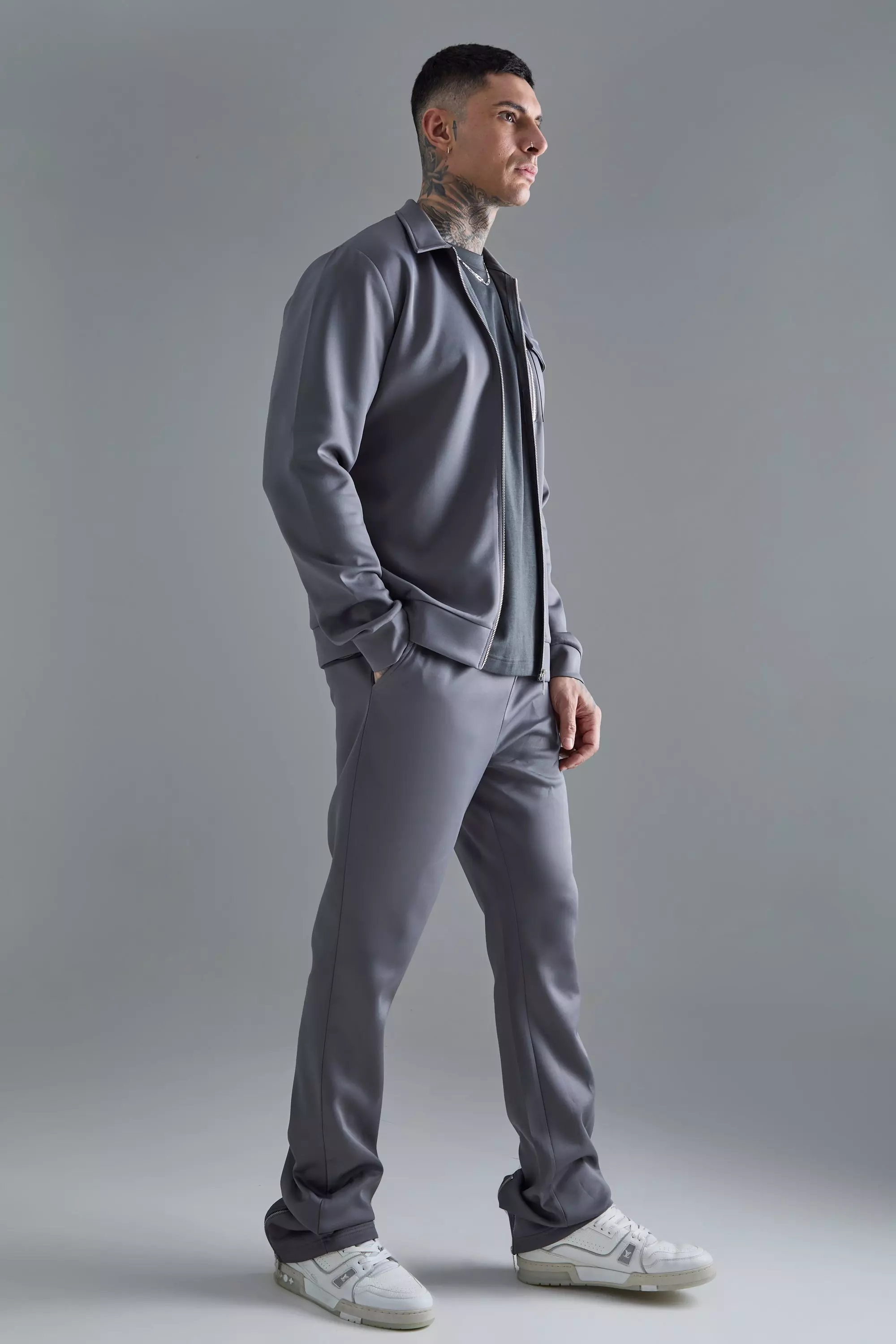 Charcoal Grey Tall Scuba Harrington Jacket Set