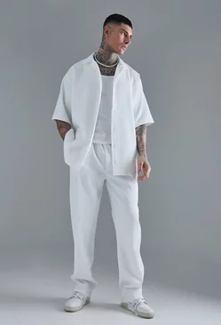 Oversized Short Sleeve Pleated Shirt & Straight Trouser White