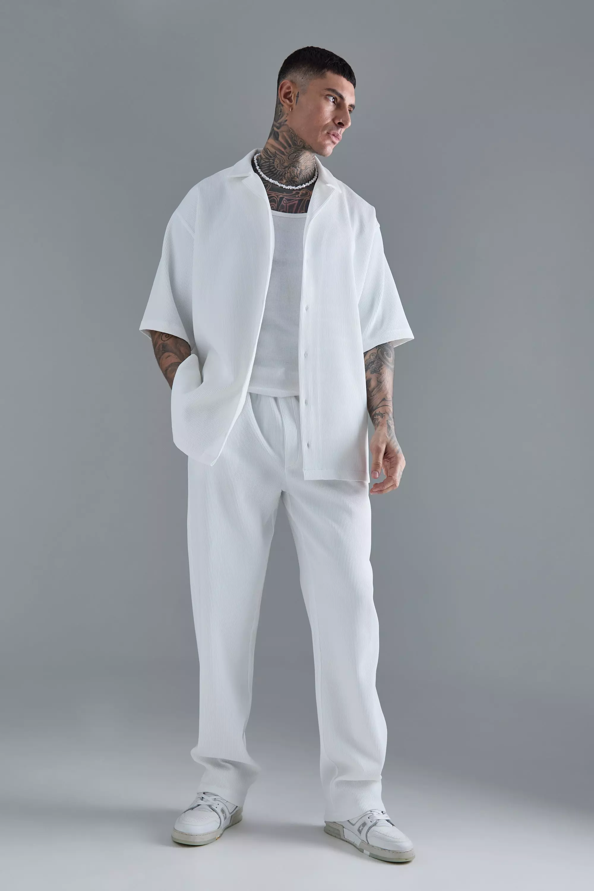 White Oversized Short Sleeve Pleated Shirt & Straight Trouser