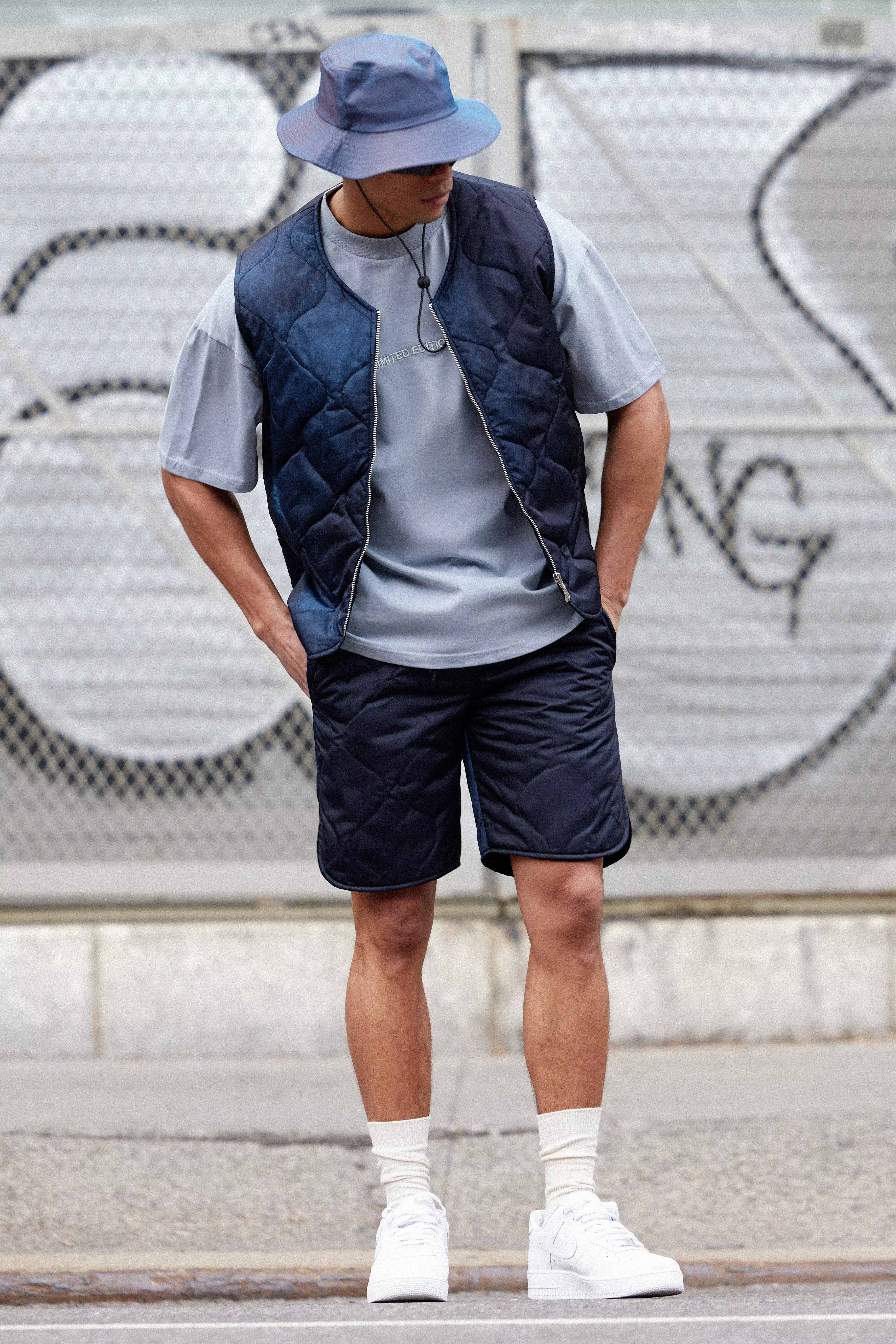 Onion Quilted Acid Wash Vest And Short Set Black