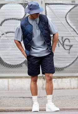Onion Quilted Acid Wash Gilet And Short Set Black
