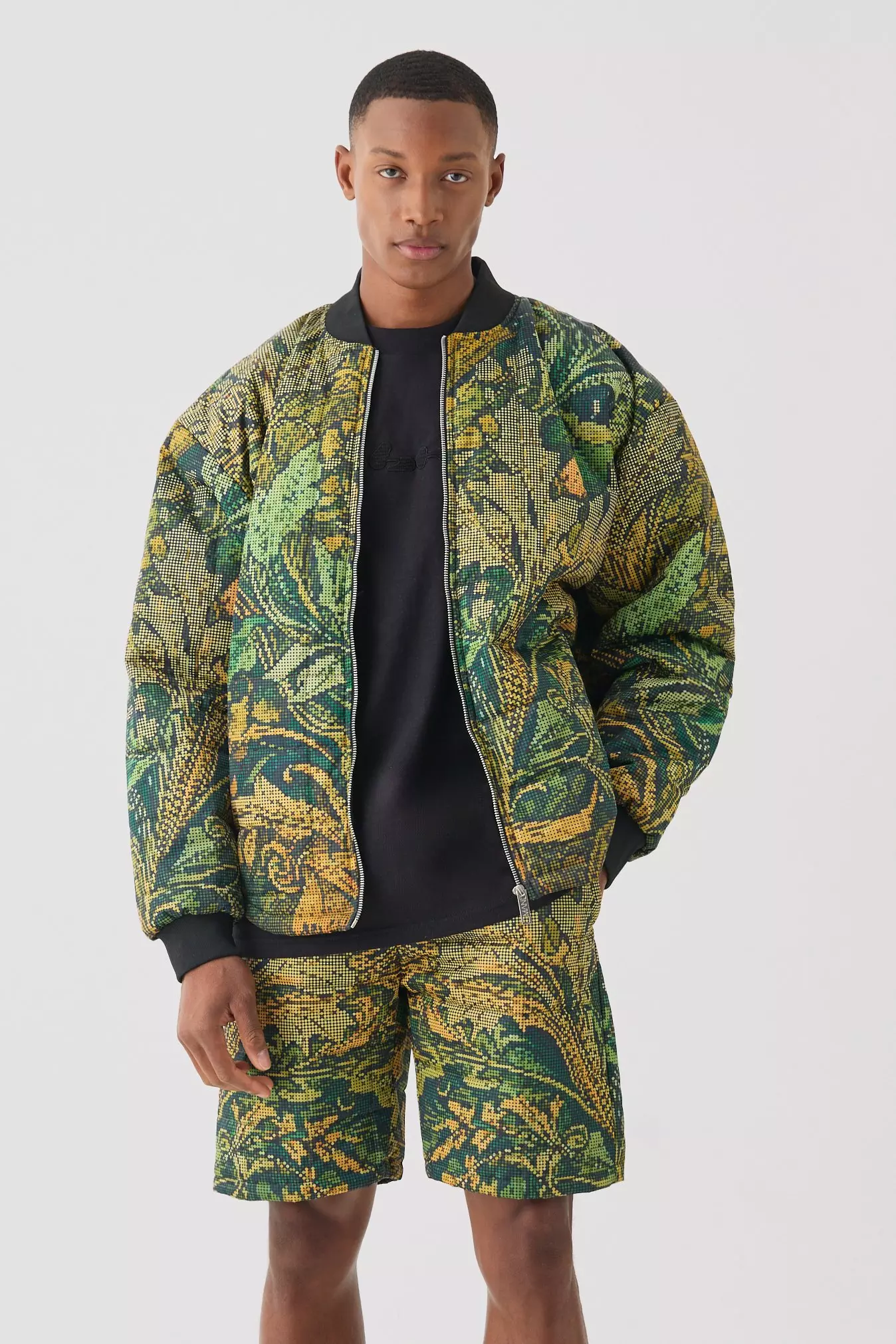 Square Quilted Tapestry Short & Bomber Jacket Set Khaki