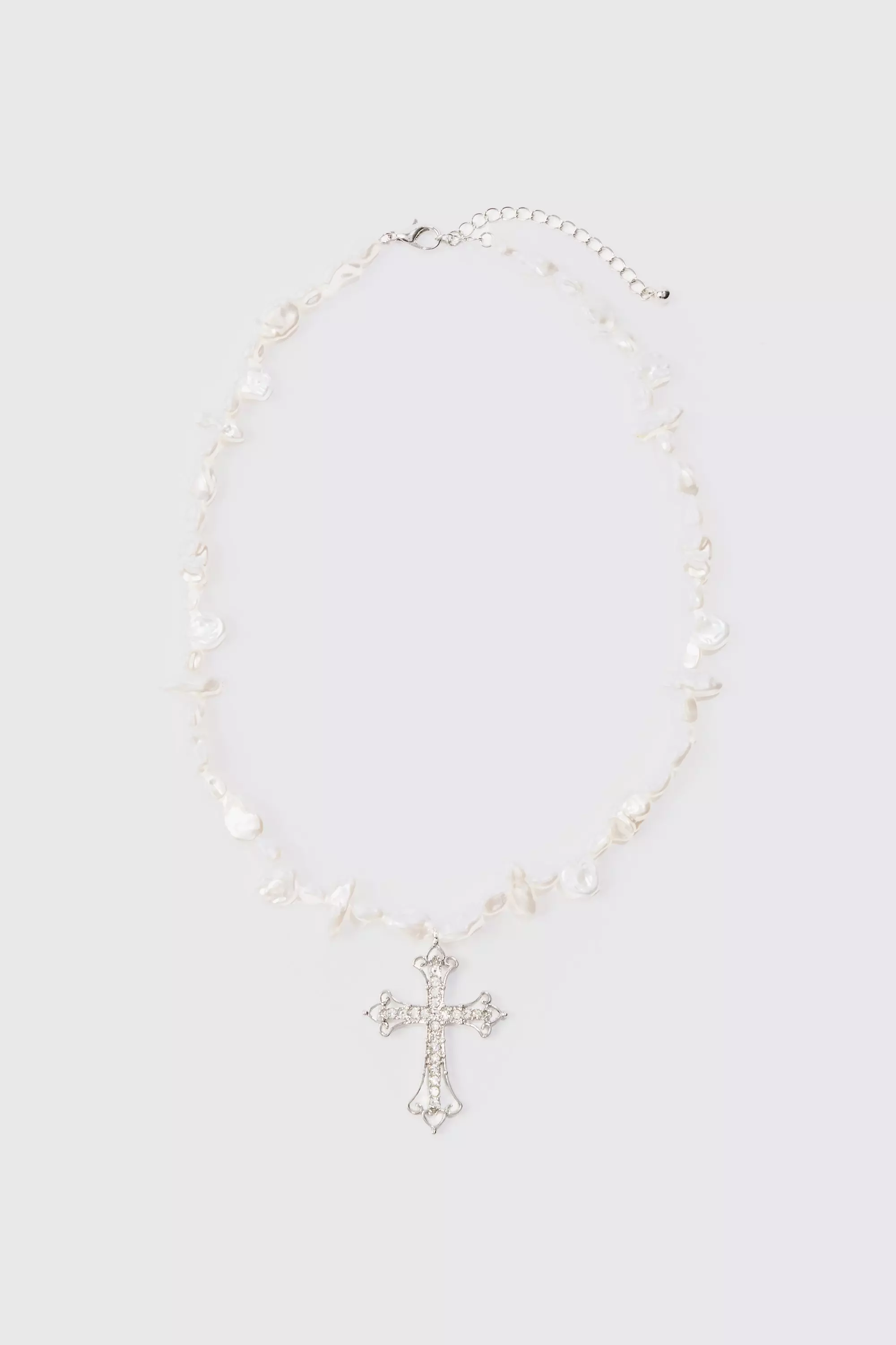 Iced Cross Pearl Necklace In Silver Silver