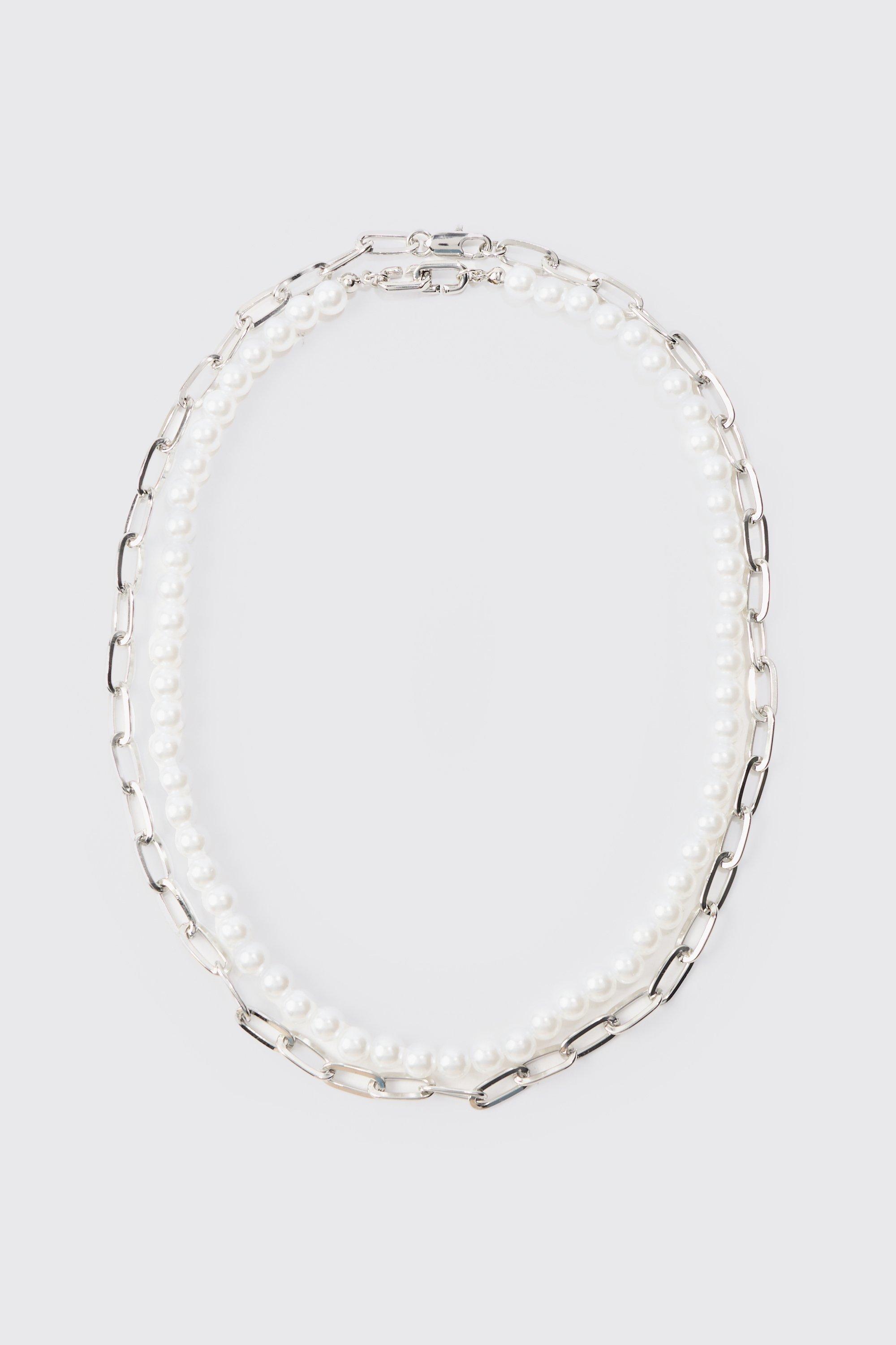 2 Pack Multi Layer Pearl And Chain Necklace In Silver | boohooMAN UK