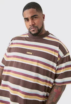 Brown Plus Oversized Carded Heavy Striped Ofcl T-shirt
