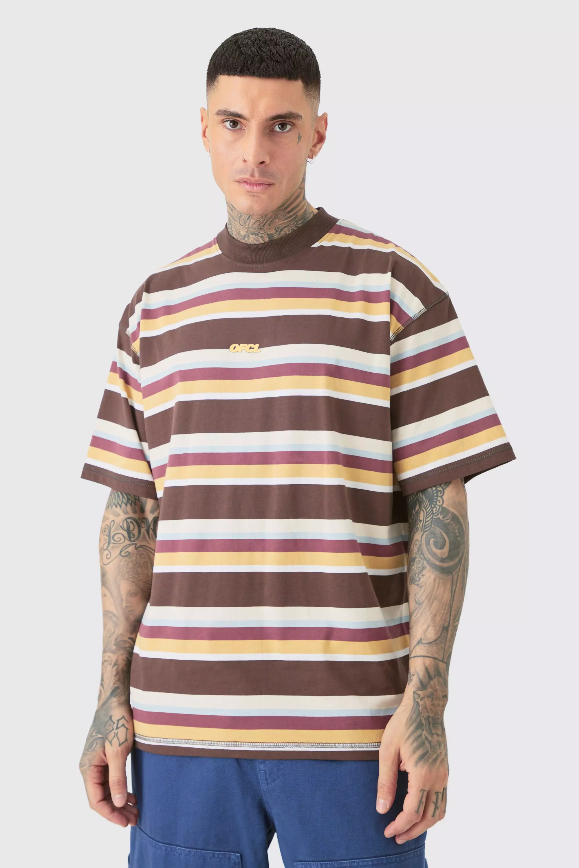 Tall Oversized Carded Heavy Striped Ofcl T-shirt Brown