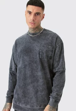 Black Tall Oversized Washed Carded Heavy Faux Layer T-shirt