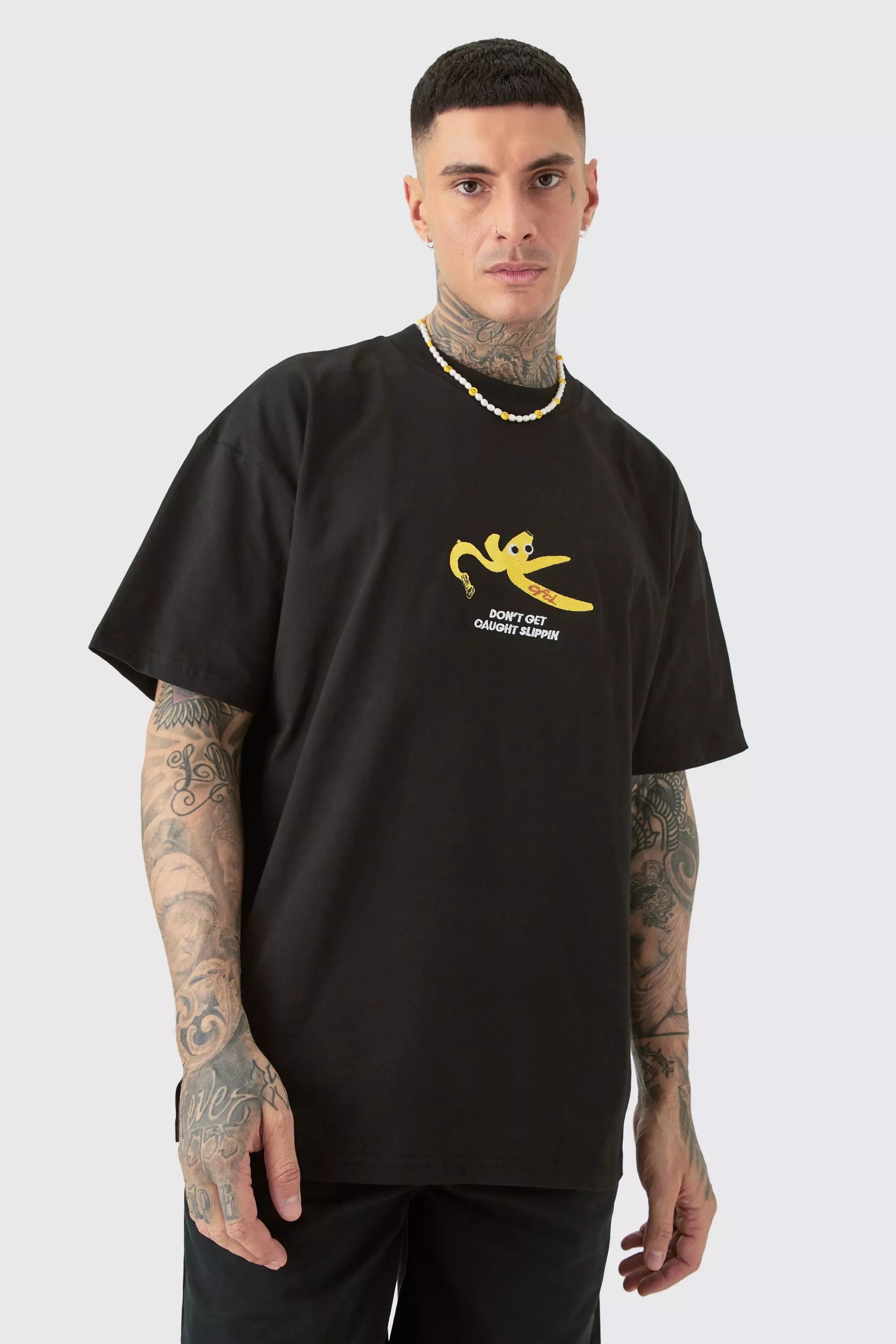 Black Tall Oversized Heavy Split Hem Print T-shirt