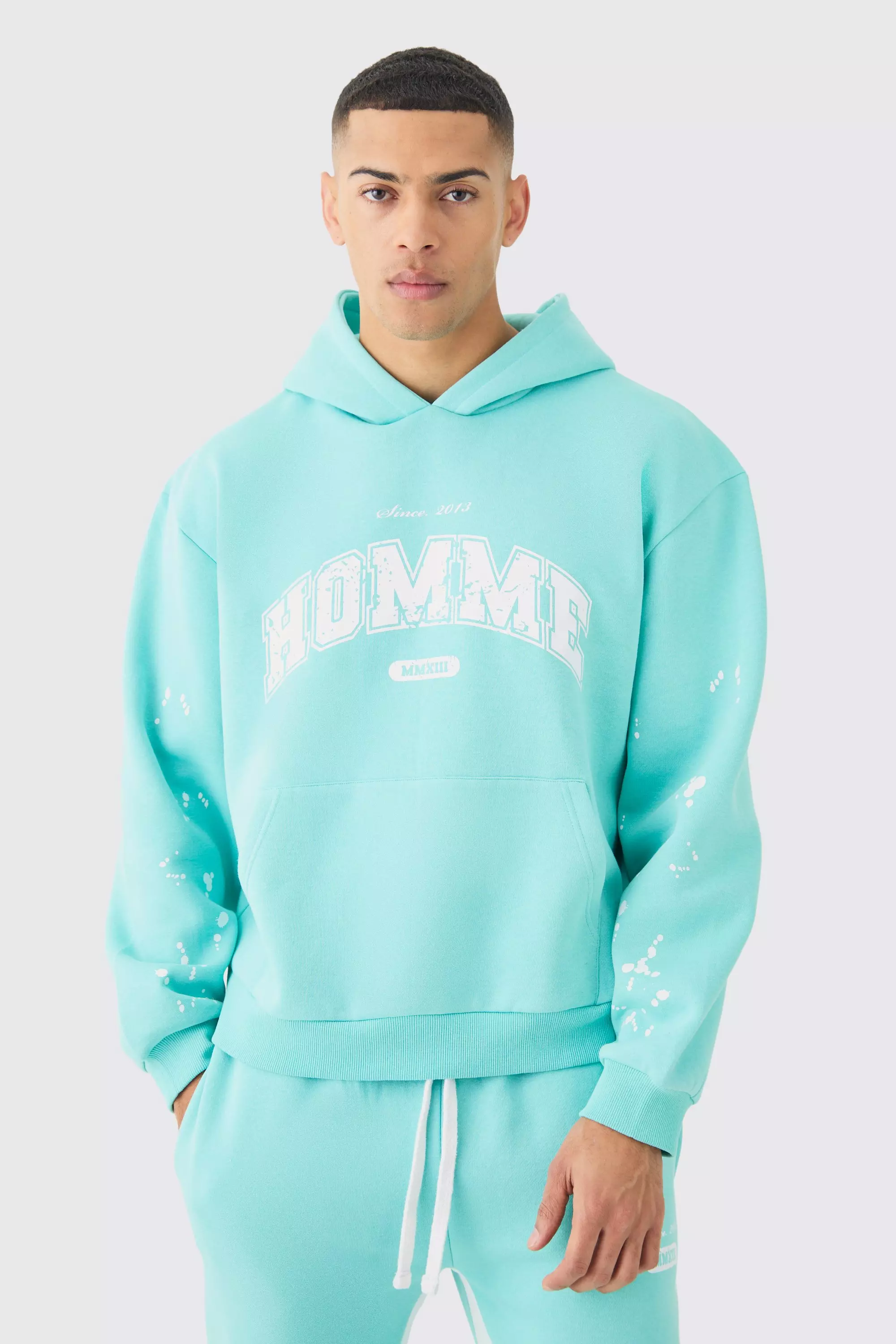 Aqua Oversized Boxy Paint Splatter Homme Hoodie alternative image