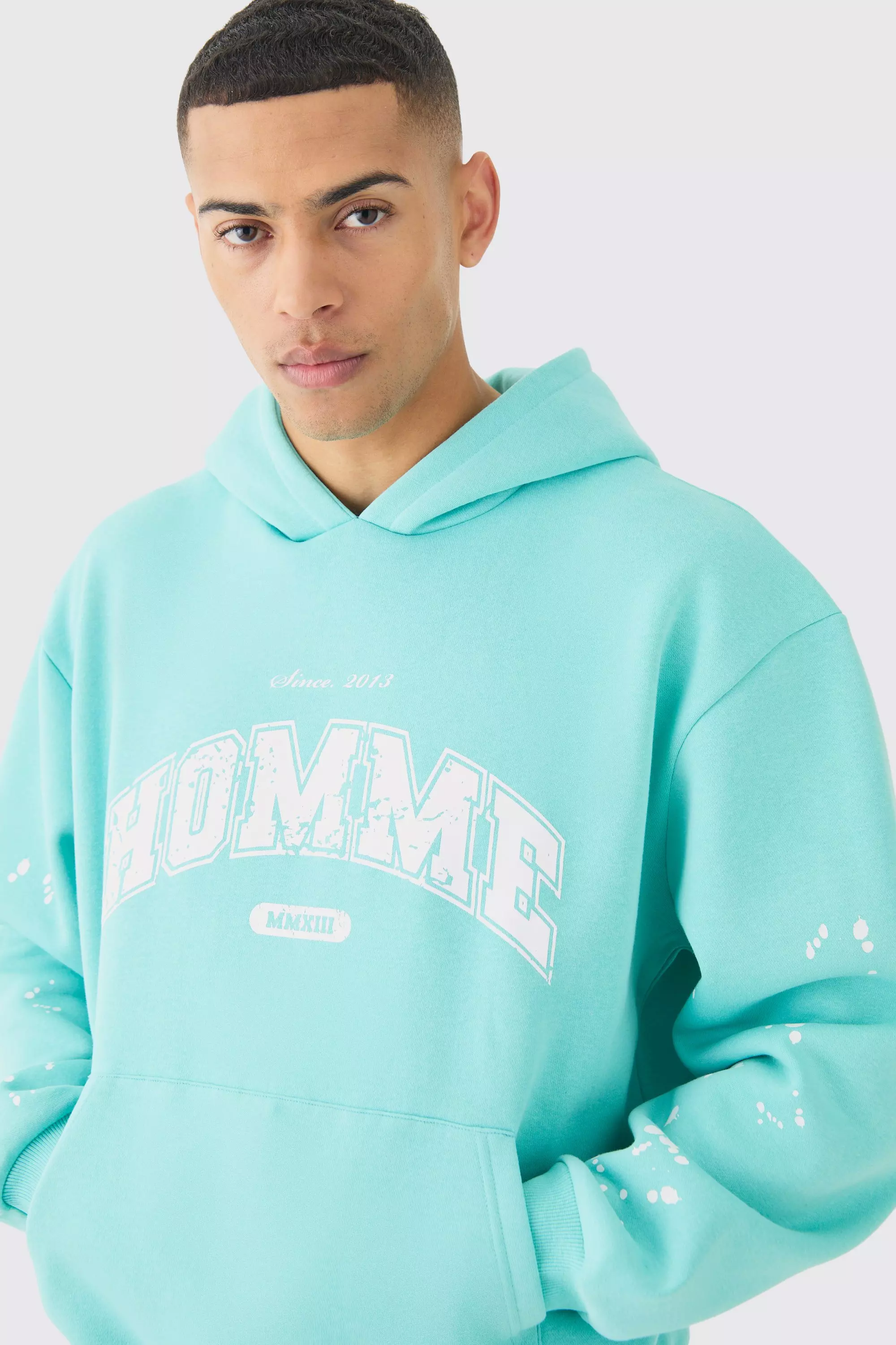 Aqua Oversized Boxy Paint Splatter Homme Hoodie alternative image